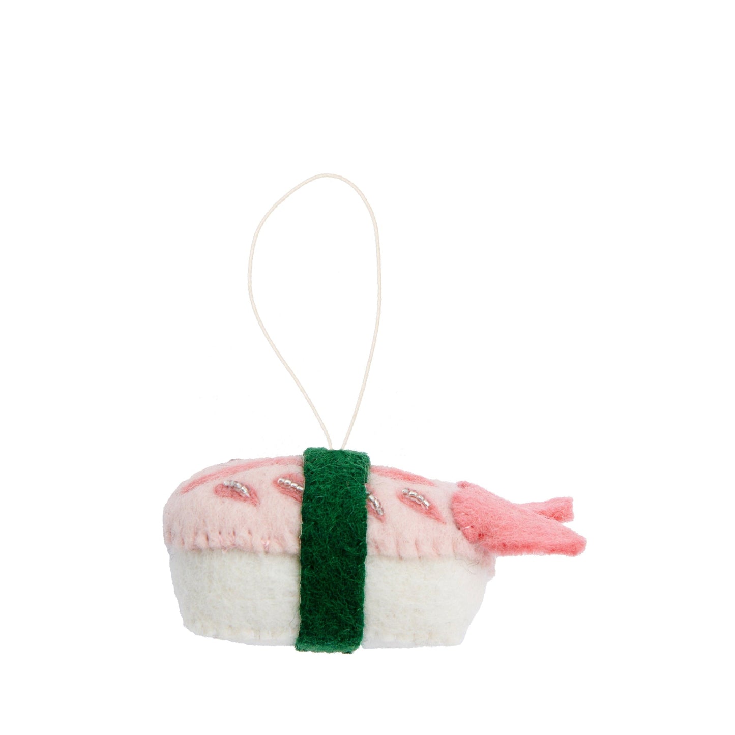 Felt ornament of sushi with shrimp.