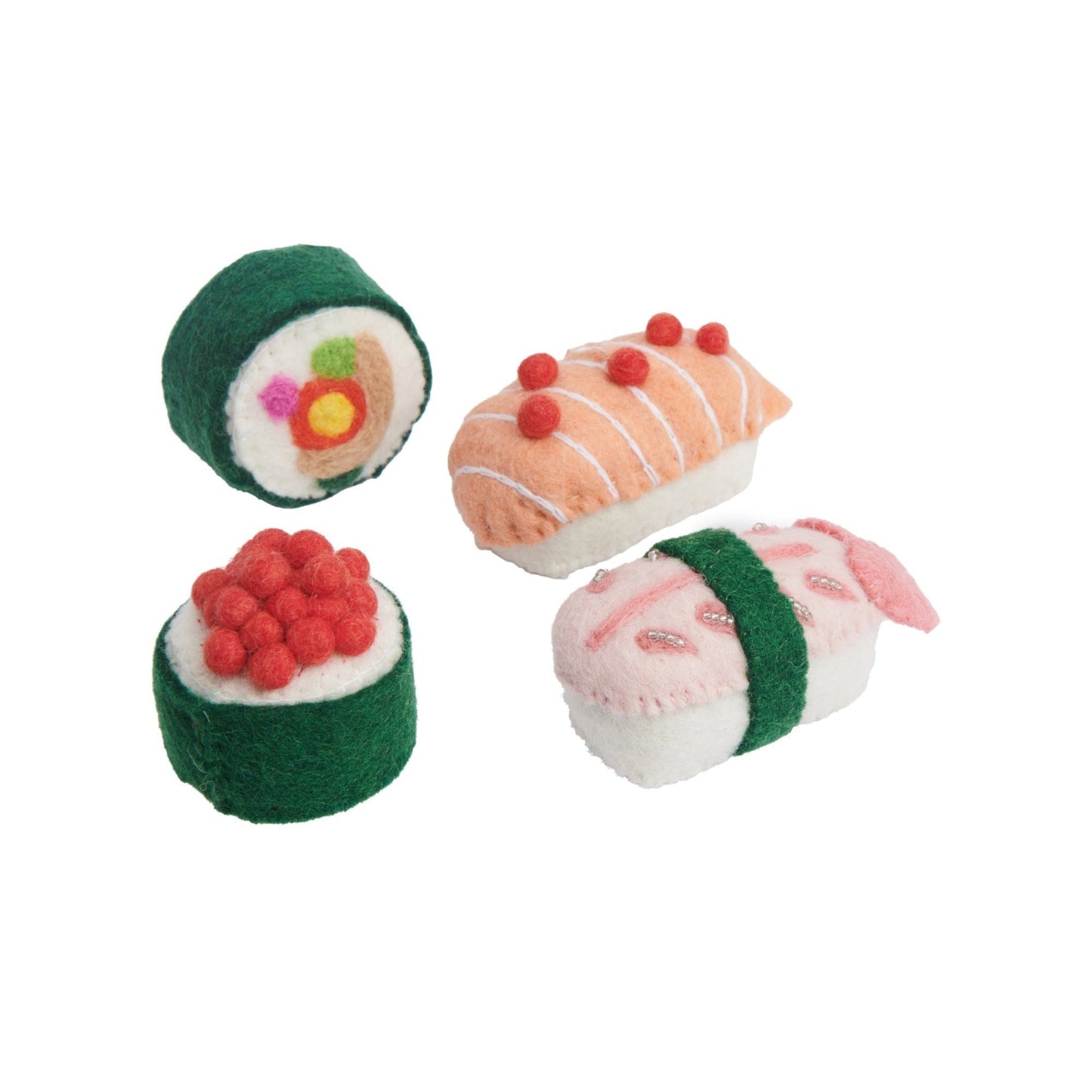 Felt ornaments of a classic piece of sushi, sushi with salmon roe, salmon on rice, and a shrimp sushi piece.