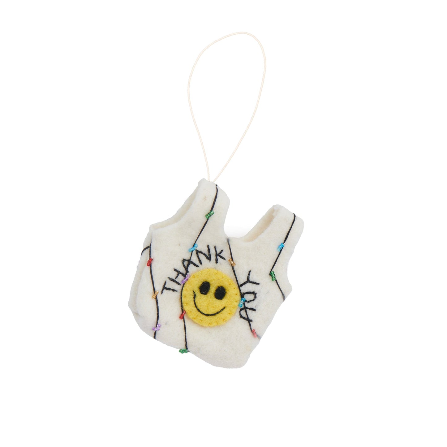 Felt ornament of a white thank you bag with yellow smiley face.