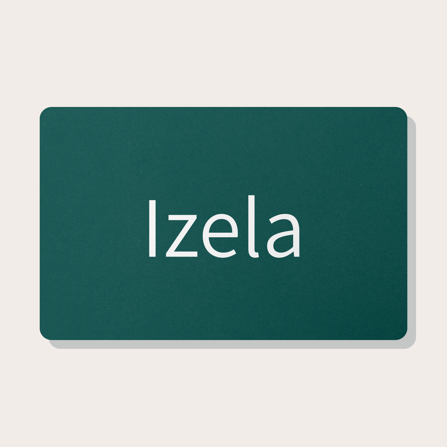 Green gift card with 'Izela' text in white on a tan background