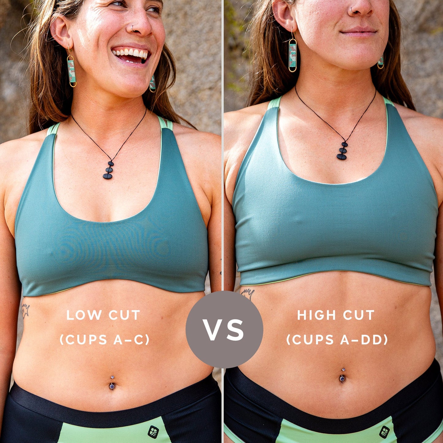 Two images of same woman. First image of low cut cups A-C sports bra. Second image of woman wearing high cut cups A-DD sports bra both in green. Bottoms shown are black and green.