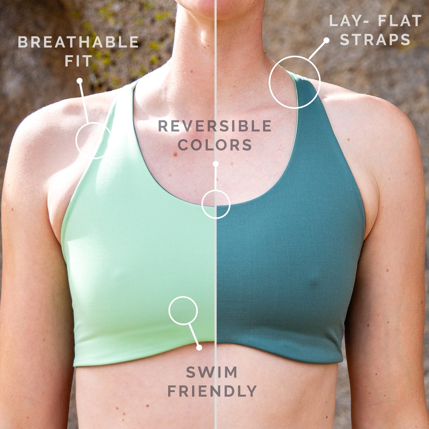 Top view of woman wearing high cut toura sports bra in two shades of green, identifying breathable fit, Lay-flat straps, swim friendly and reversible colors attributes of item.