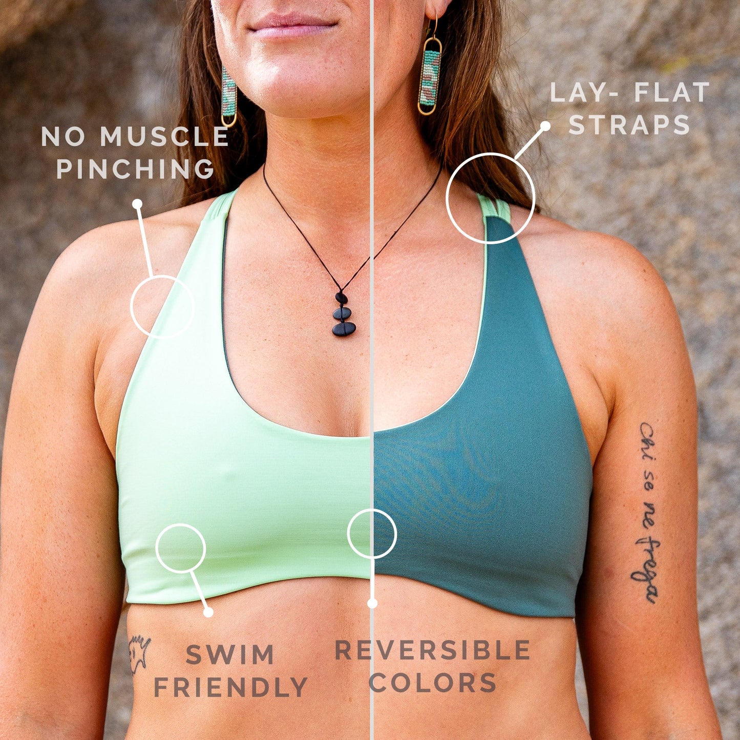 Top view of woman wearing low cut toura sports bra in two shades of green, identifying no muscle pinching, Lay-flat straps, swim friendly and reversible colors attributes of item.