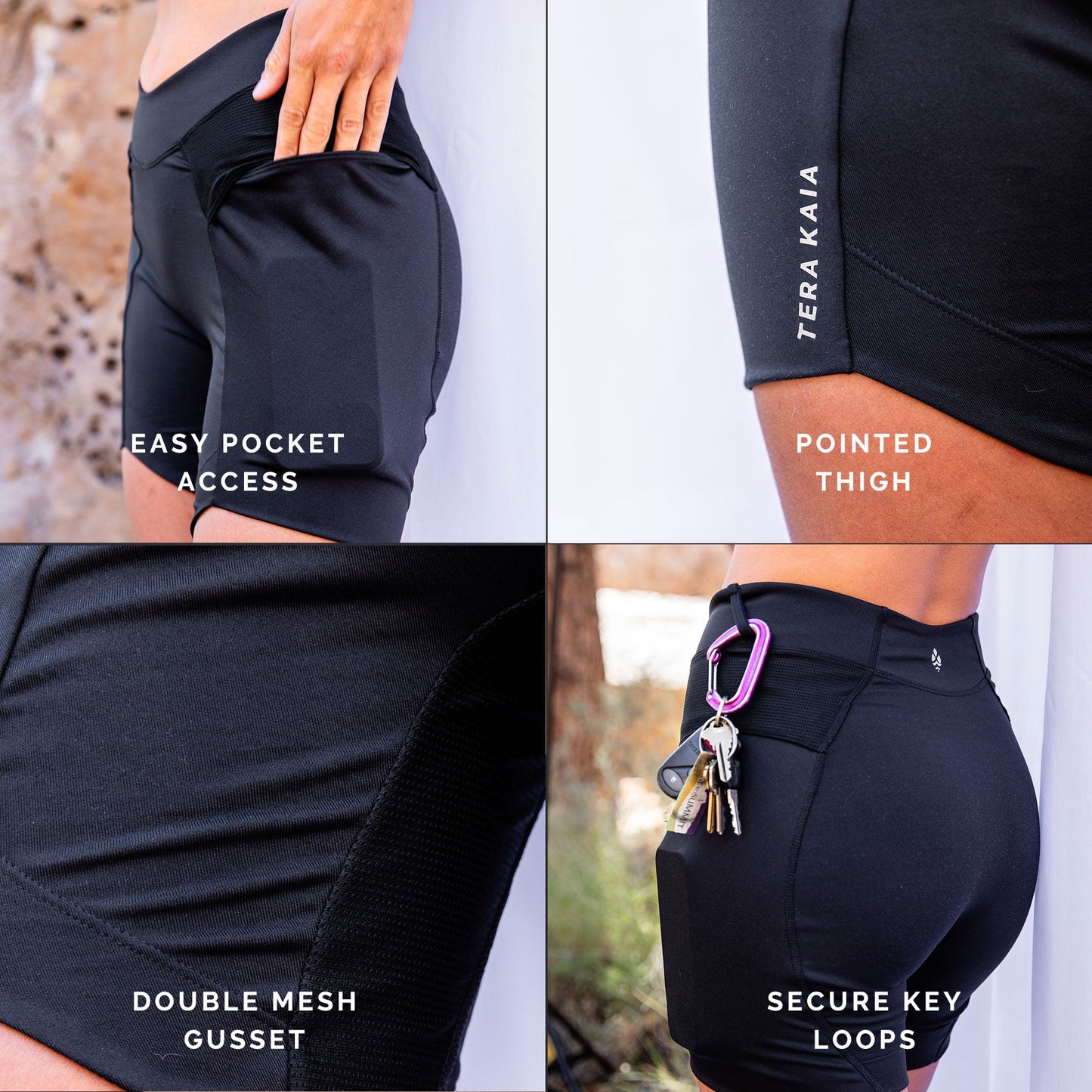 4 closeup angles of toura short in black showing easy pocket access, pointed thigh cut, double mesh gusset and secure key loops.