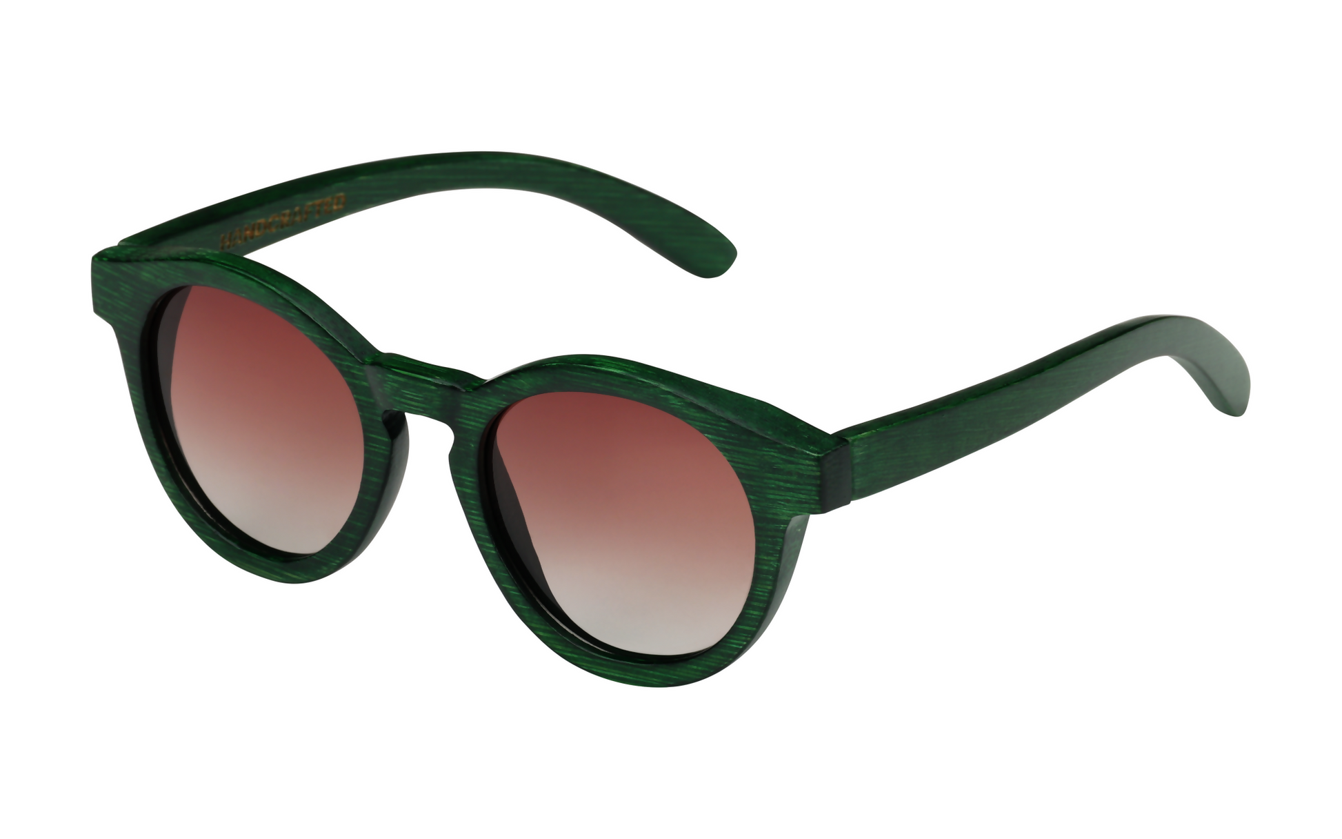 Diagonal view of forest green natural bamboo sunglasses with gradient circular tinted lenses.