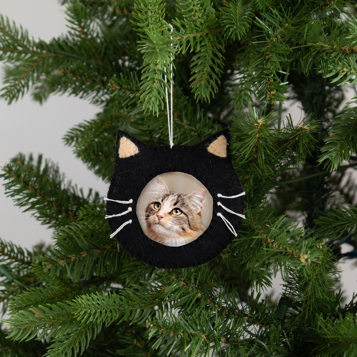 Felt ornament of a black cat face outline with a photograph of a cat in the middle.