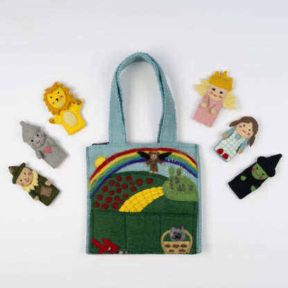 Felt puppet bag for kids with wizard of oz themed characters of Dorothy, the Tin Man, The Cowardly Lion, Glinda the Good Witch, The Wicked Witch of the West, and the Scarecrow.
