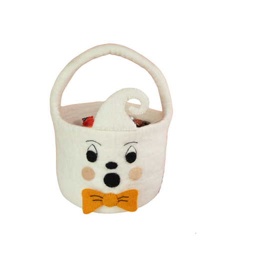 white ghost felt kids halloween trick or treat bucket- fair trade - ethically made, plastic free