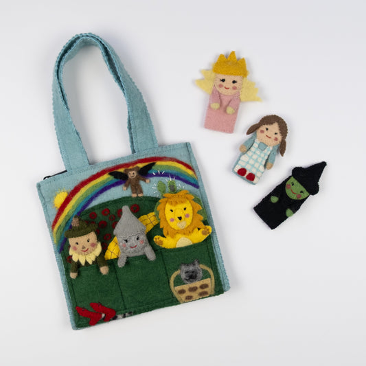 Felt puppet bag for kids with wizard of oz themed characters of Dorothy, the Tin Man, The Cowardly Lion, Glinda the Good Witch, The Wicked Witch of the West, and the Scarecrow.