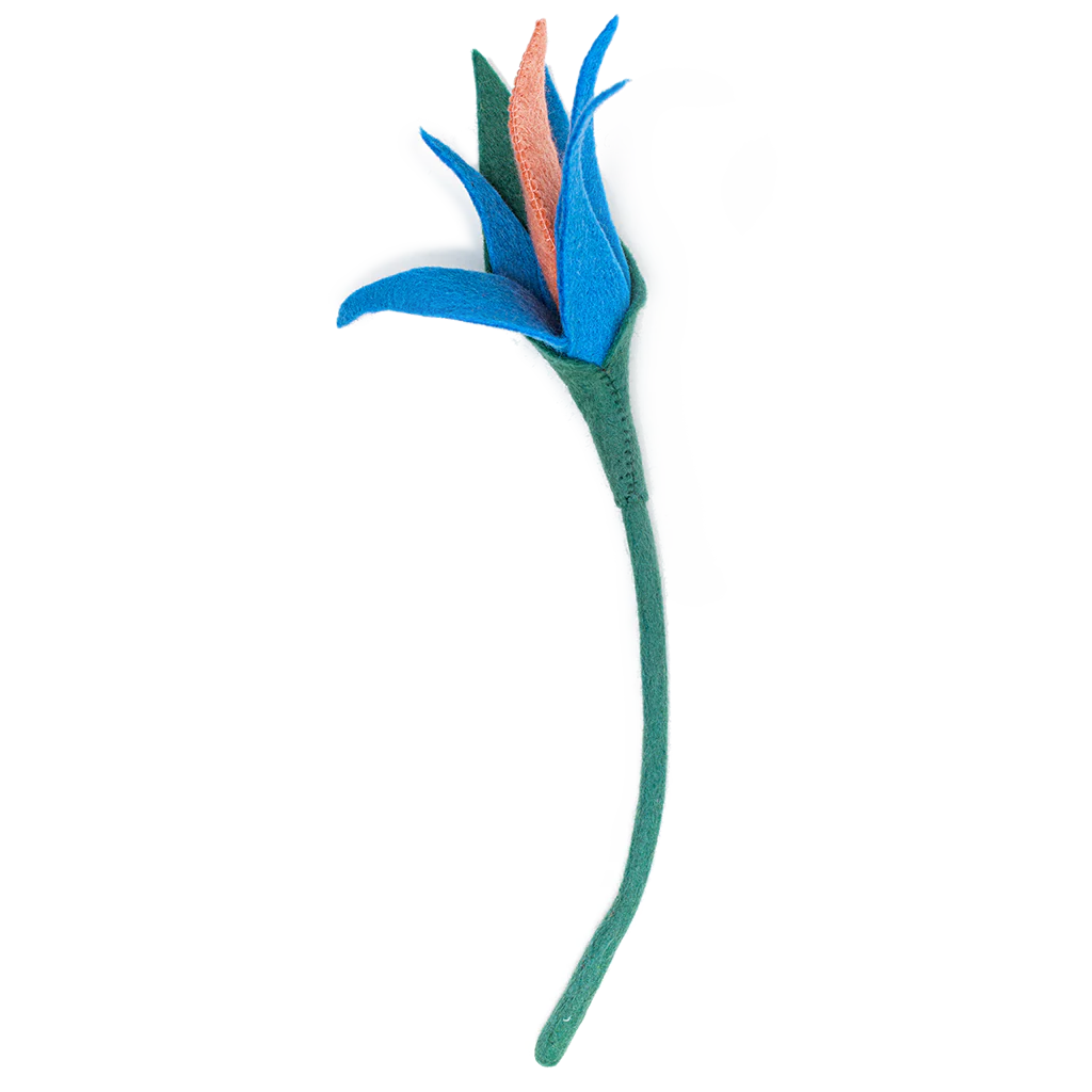 Blue felt Bird of Paradise flower with pink center.