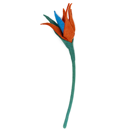 Orange felt Bird of Paradise flower with blue center.
