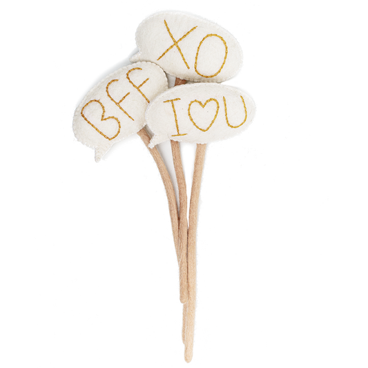 Felt accent stems to add to a flower bouquet of white text bubbles that say "BFF" "XO" and 'I (drawing of a Heart) You."
