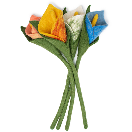 Bunch of felt Calla Lilies in pink, yellow, white, and blue.