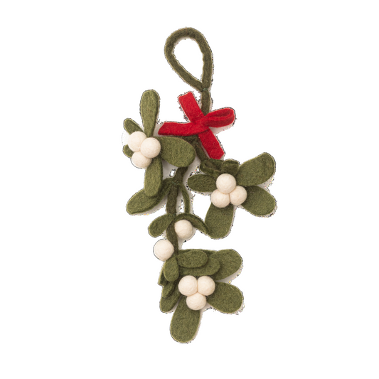 Felt mistletoe ornament with green leaves, white berries, and a red bow.
