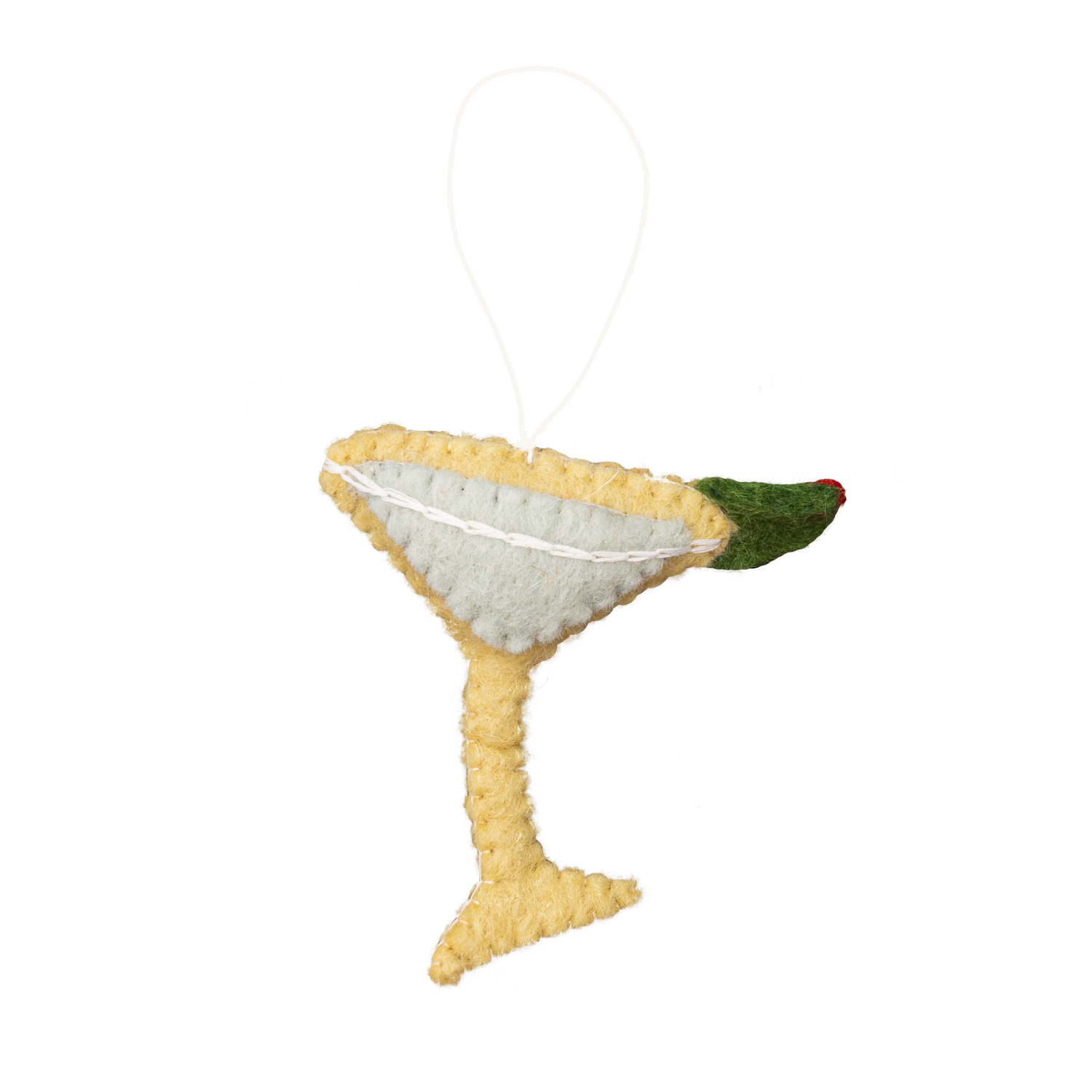 Felt ornament of a martini with olive garnish.
