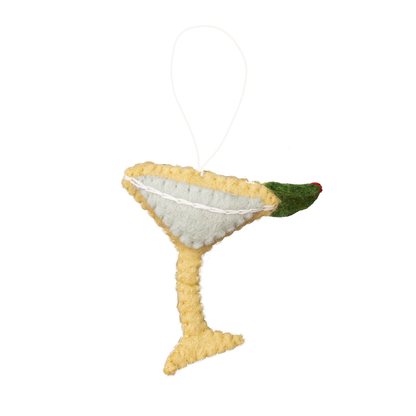 Felt ornament of a martini with olive garnish.