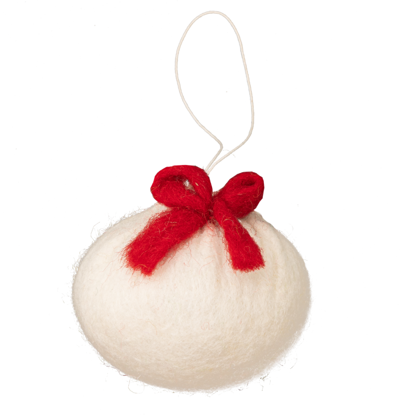 Felt ornament of a dumpling with a red bow on top.