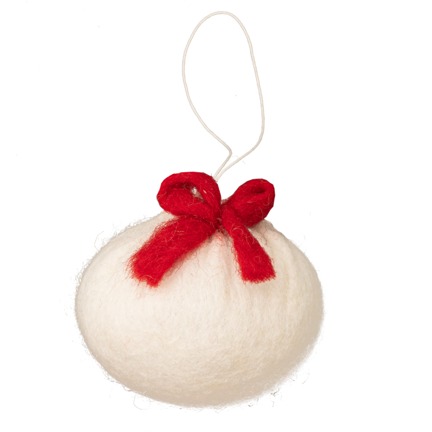 Felt ornament of a dumpling with a red bow on top.