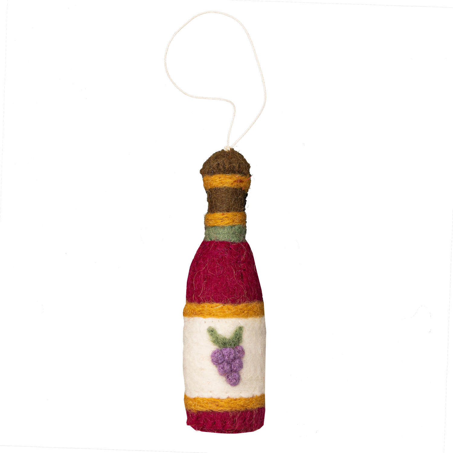 Felt ornament of a wine bottle with grapes on the label.