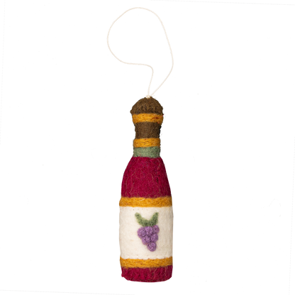 Felt ornament of a wine bottle with grapes on the label.