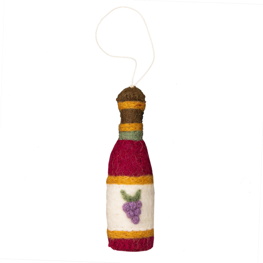 Felt ornament of a wine bottle with grapes on the label.
