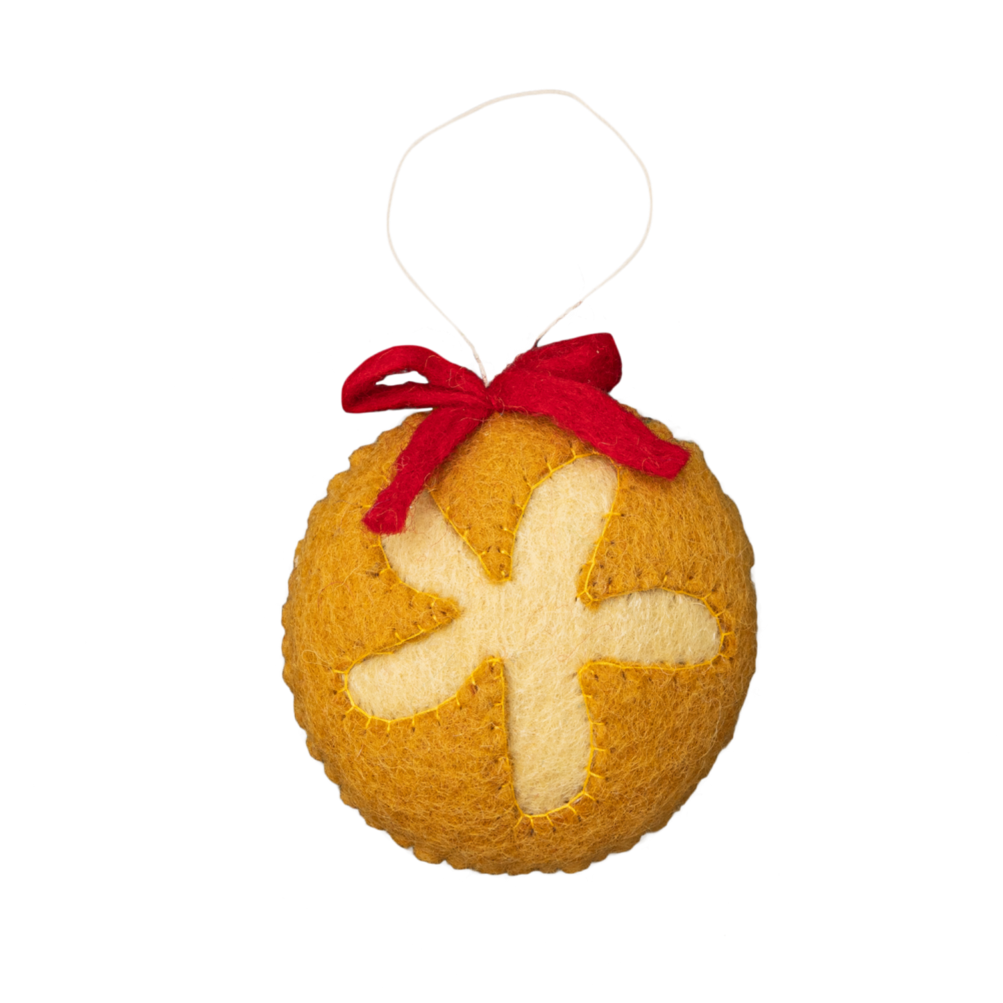 Felt ornament of round sourdough bread.