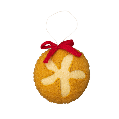 Felt ornament of round sourdough bread.