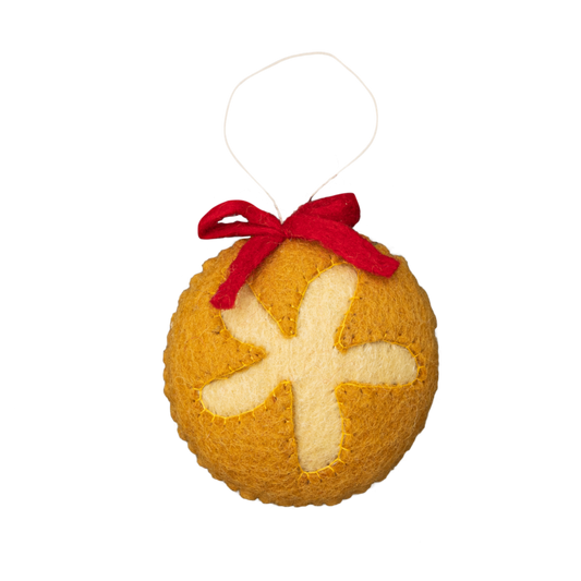 Felt ornament of round sourdough bread.