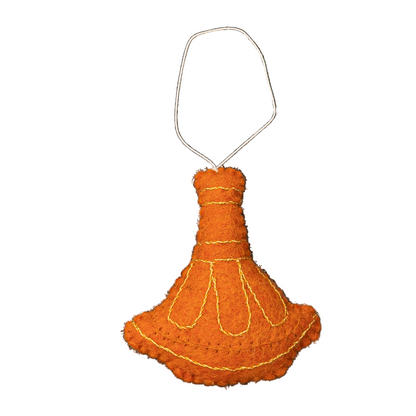 Felt ornament of an orange tagine pot with gold embroidery.