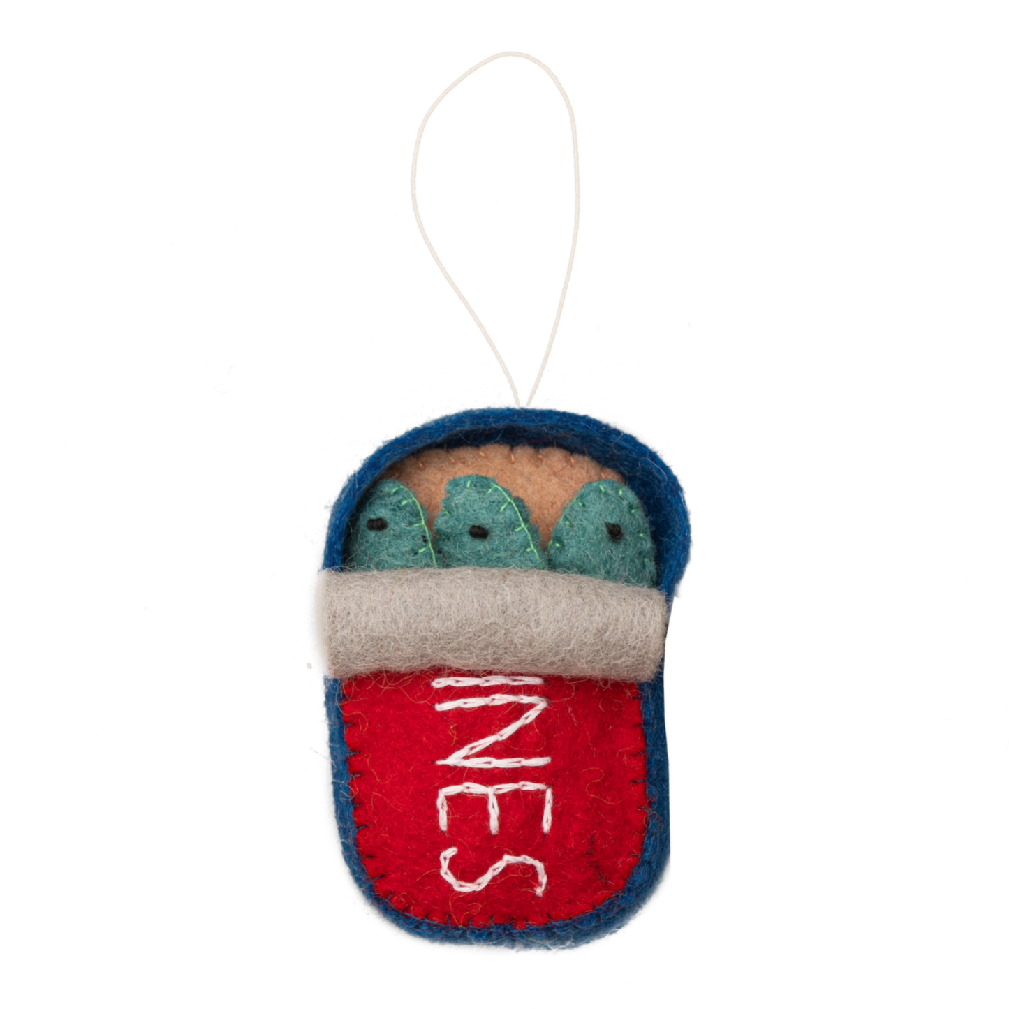 Felt ornament of a can of sardines half open showing three fish.