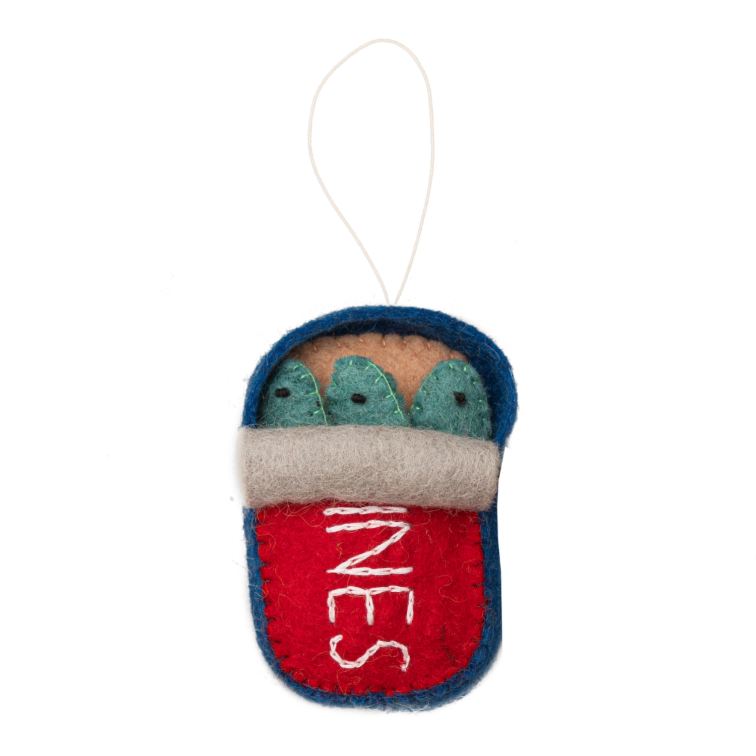 Felt ornament of a can of sardines half open showing three fish.