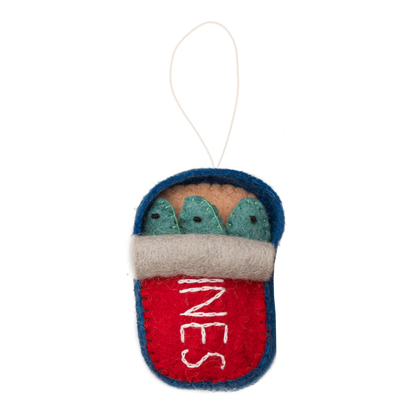 Felt ornament of a can of sardines half open showing three fish.