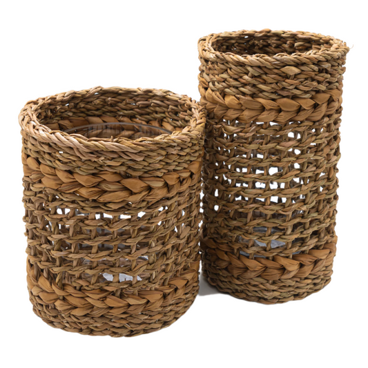 Short and tall brown woven vase with glass inserts.