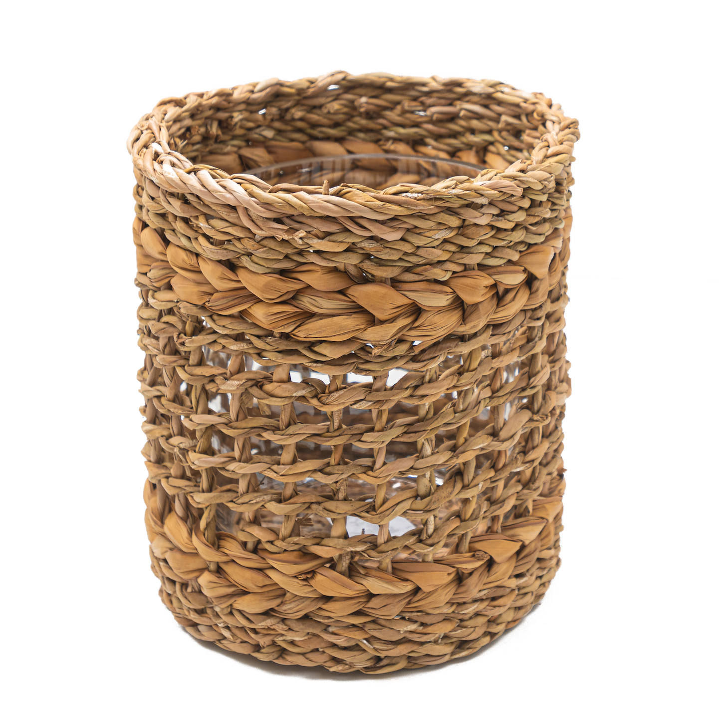 Short brown woven vase with glass insert.