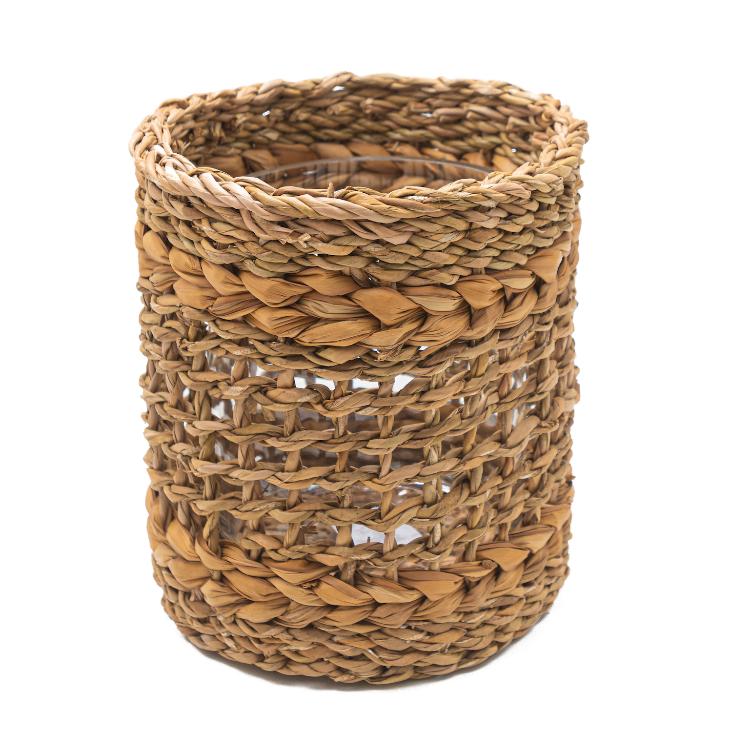 Short brown woven vase with glass insert.