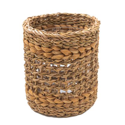 Short brown woven vase with glass insert.