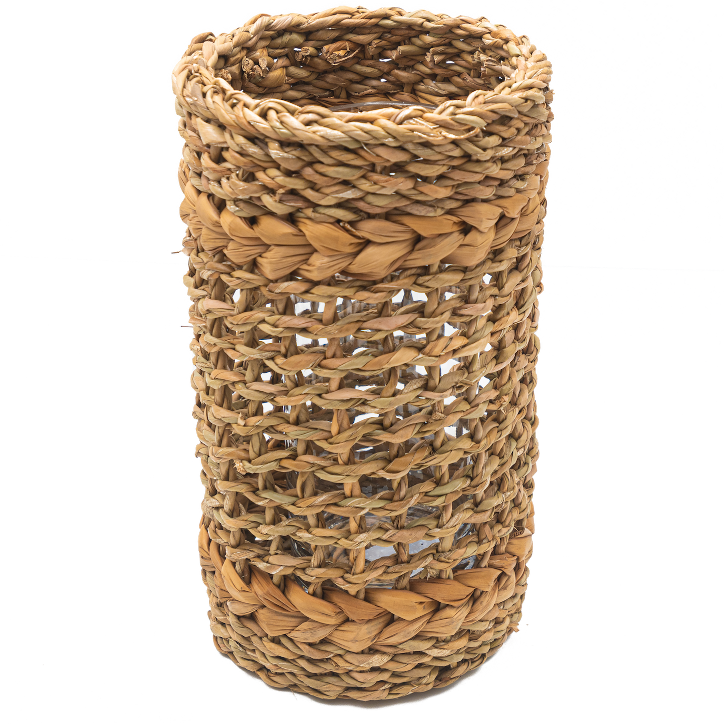 Tall brown woven vase with glass insert.