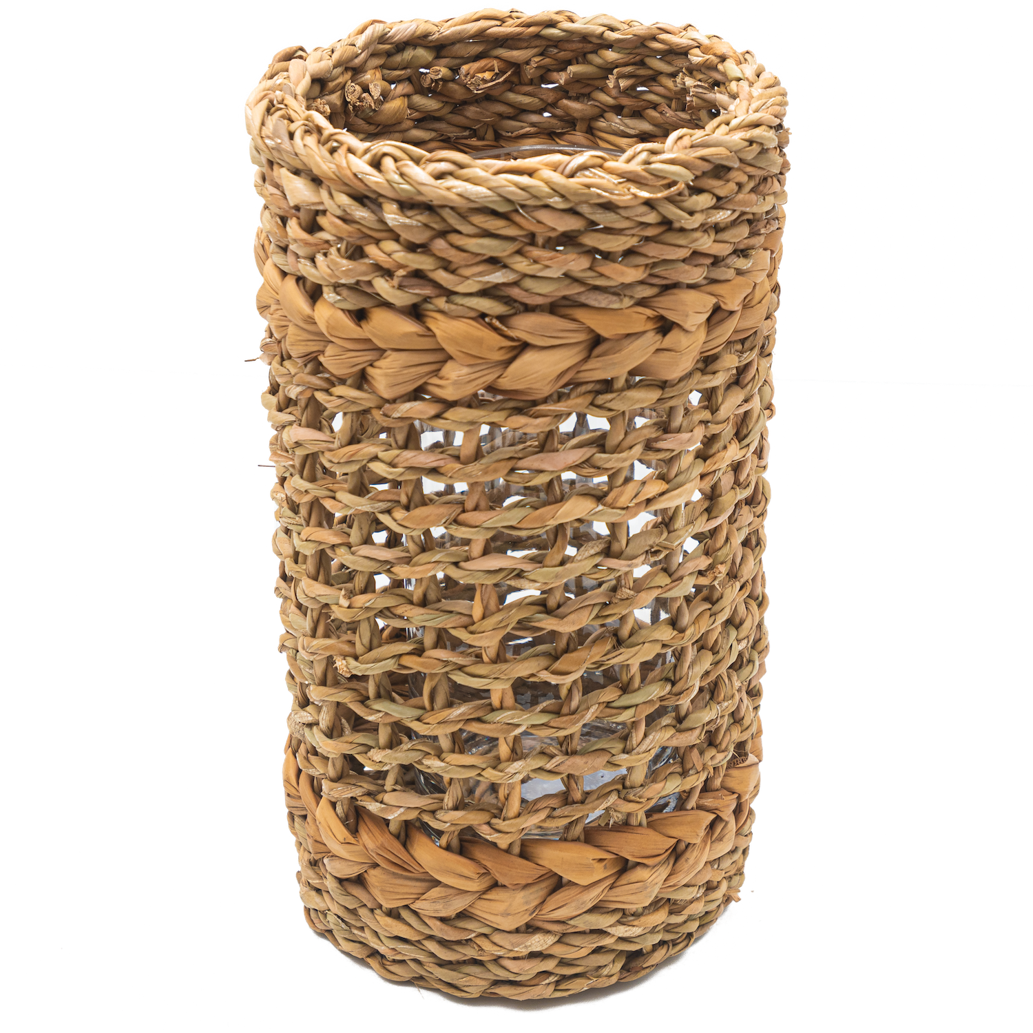 Tall brown woven vase with glass insert.