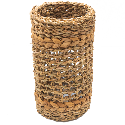 Tall brown woven vase with glass insert.