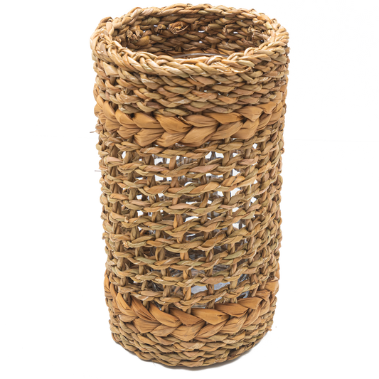 Tall brown woven vase with glass insert.