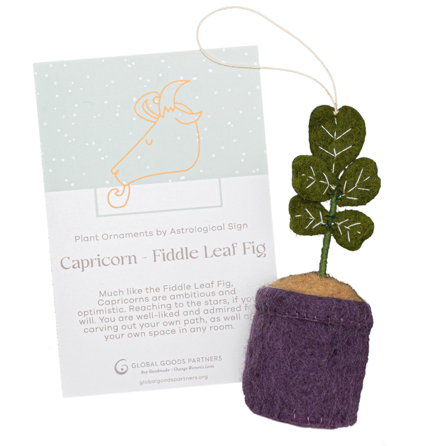 Felt ornament of a Fiddle Leaf plant with purple pot and card for Capricorn astrology.
