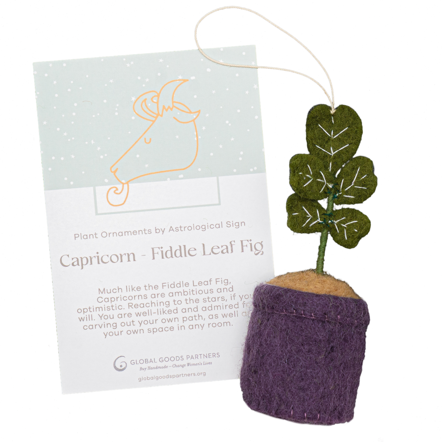 Felt ornament of a Fiddle Leaf plant with purple pot and card for Capricorn astrology.