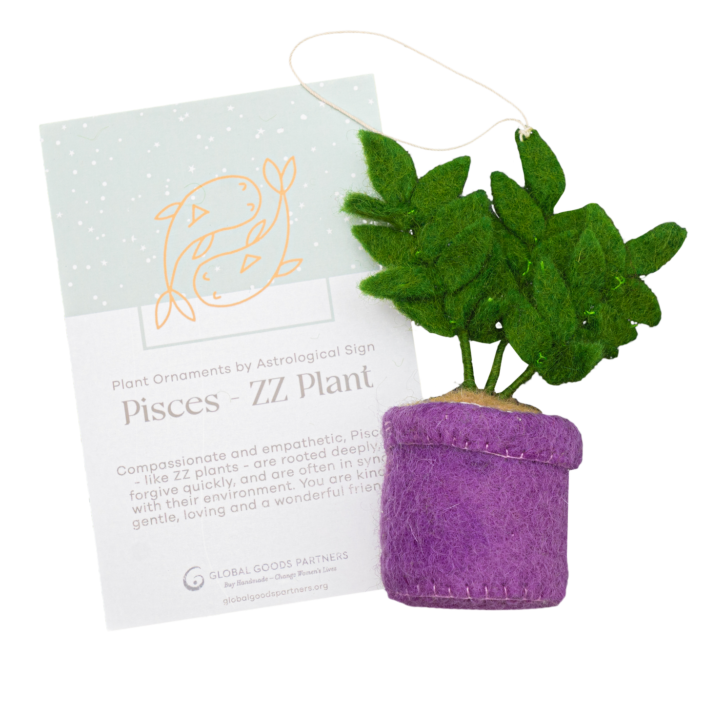 Felt ornament of a ZZ plant in a purple pot with a Pisces astrology card.