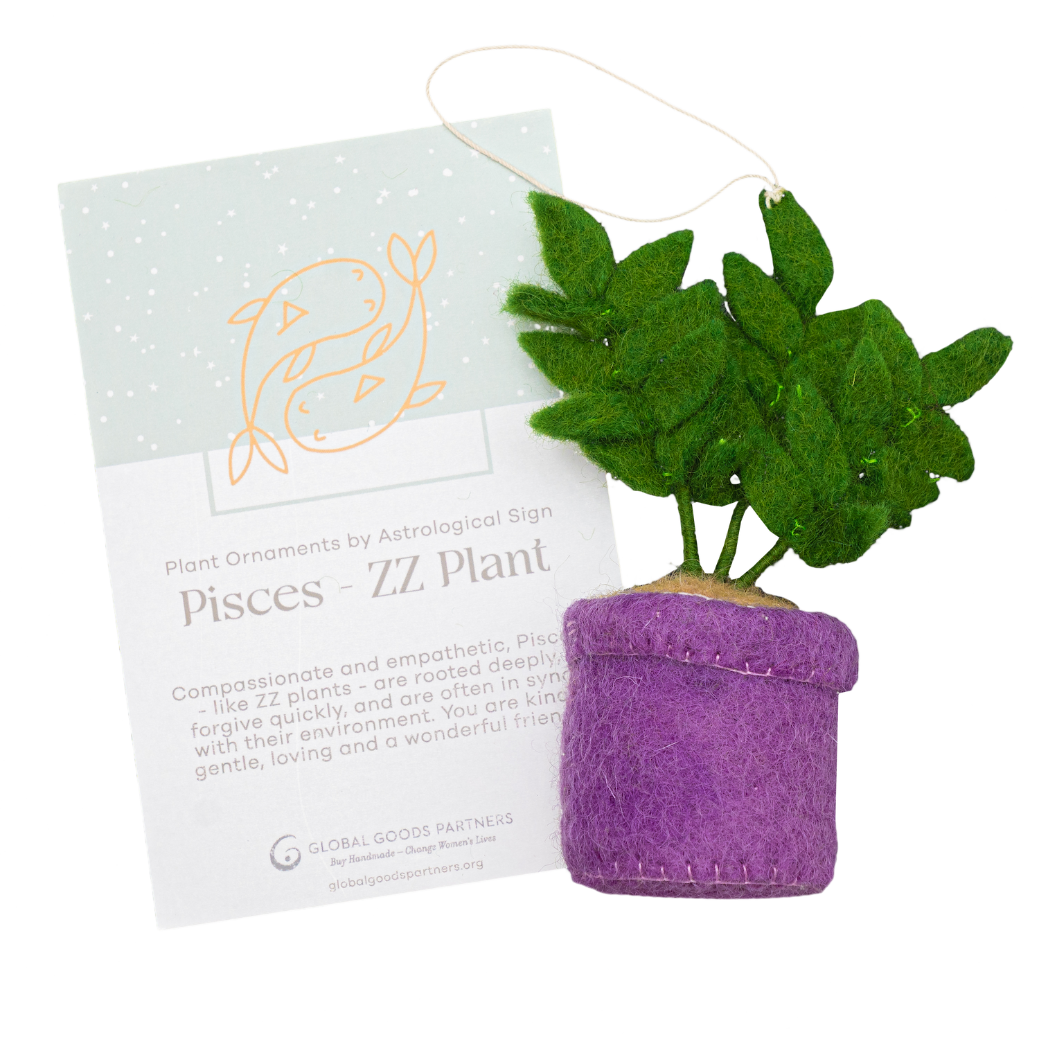 Felt ornament of a ZZ plant in a purple pot with a Pisces astrology card.