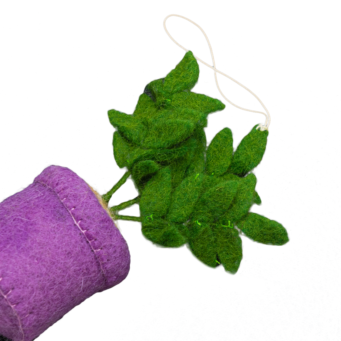 Felt ornament of a ZZ plant in a purple pot.