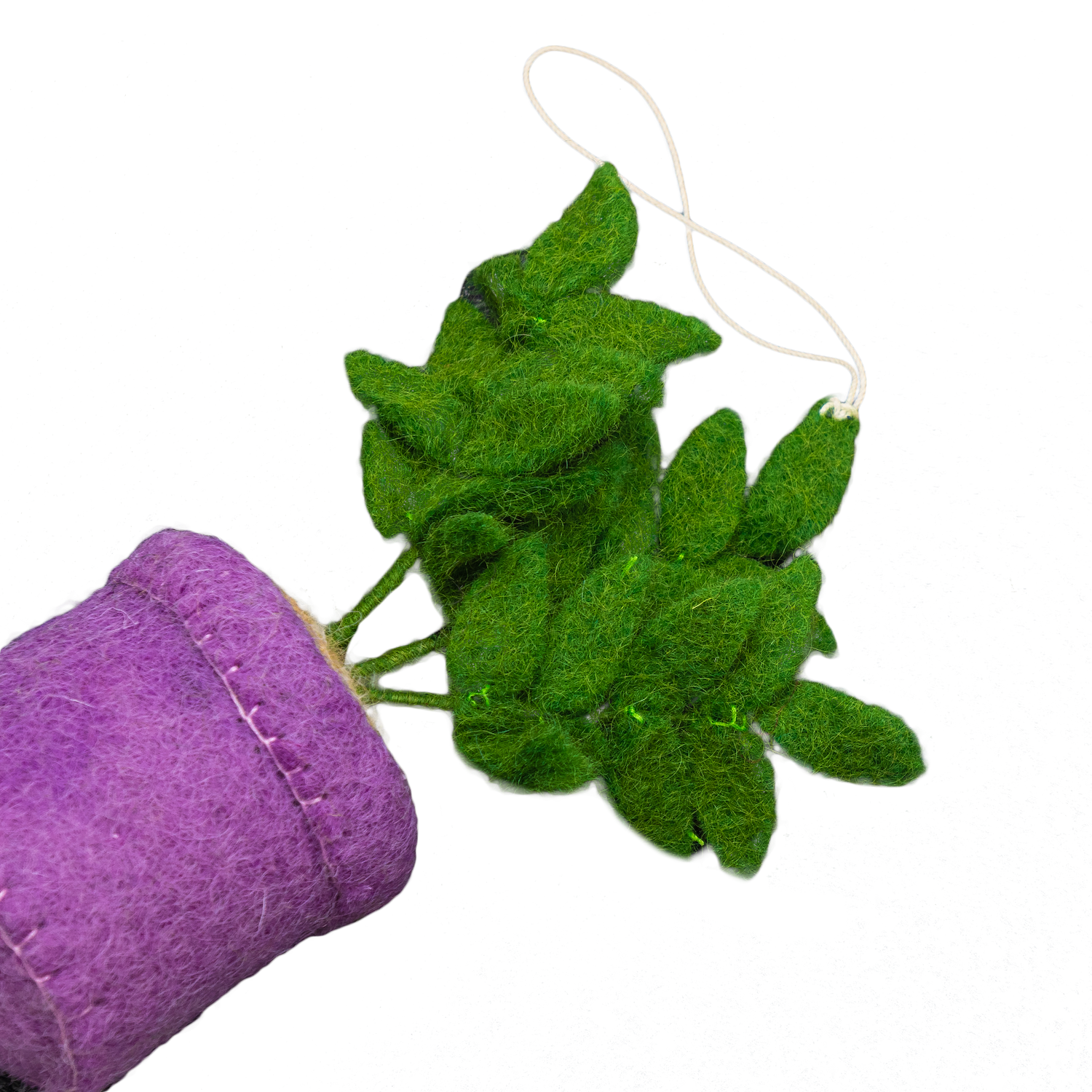 Felt ornament of a ZZ plant in a purple pot.