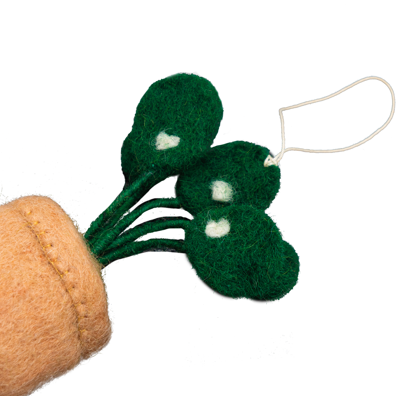Felt ornament of a Pilea plant in a brown pot.
