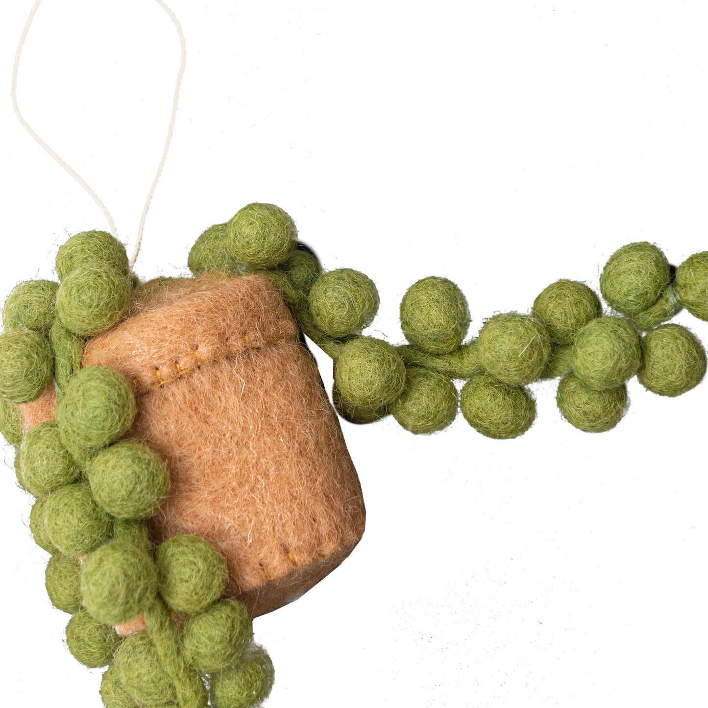 Felt ornament of a String of Pearls plant in a tan pot.