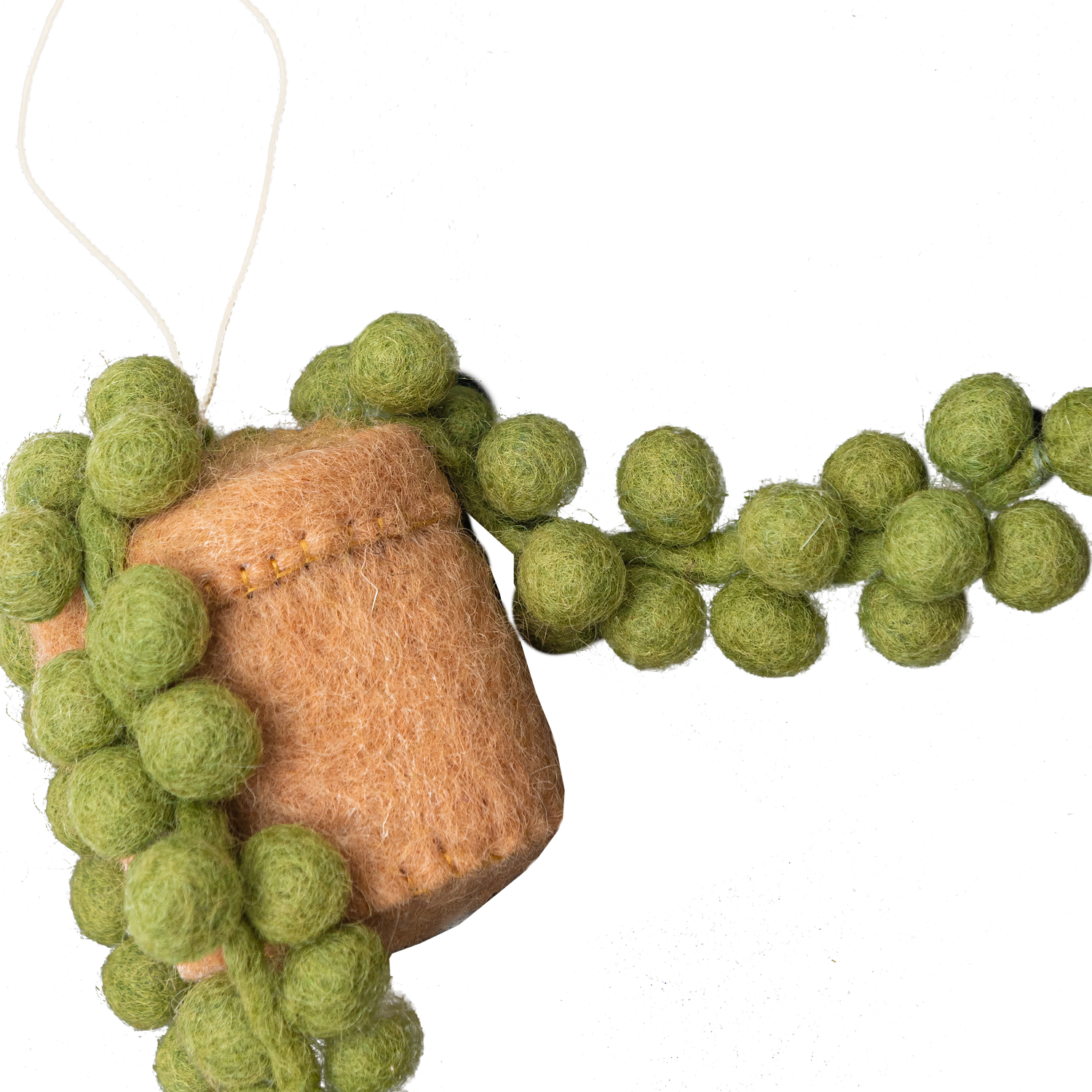 Felt ornament of a String of Pearls plant in a tan pot.