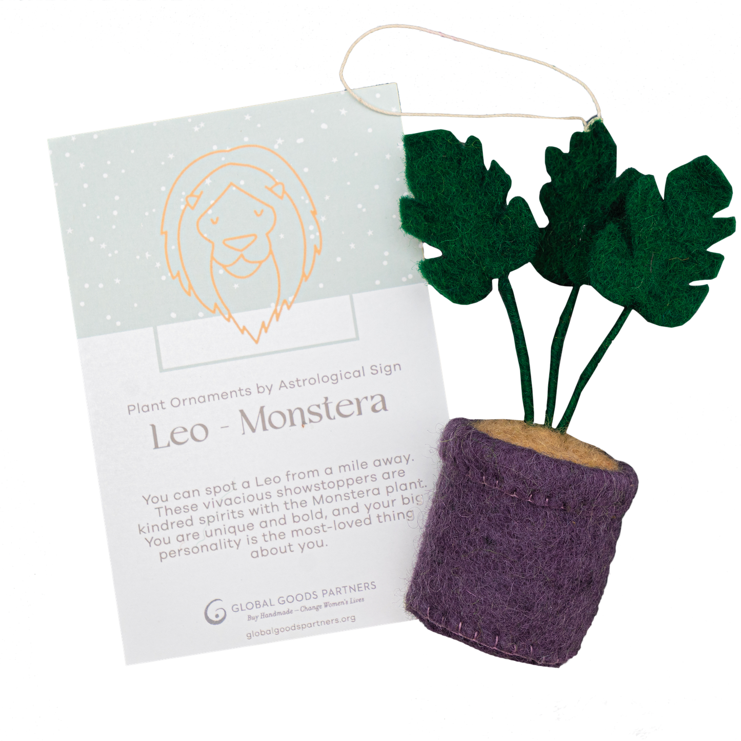 Felt ornament of a Monstera plant in a purple pot with a Leo astrology card.